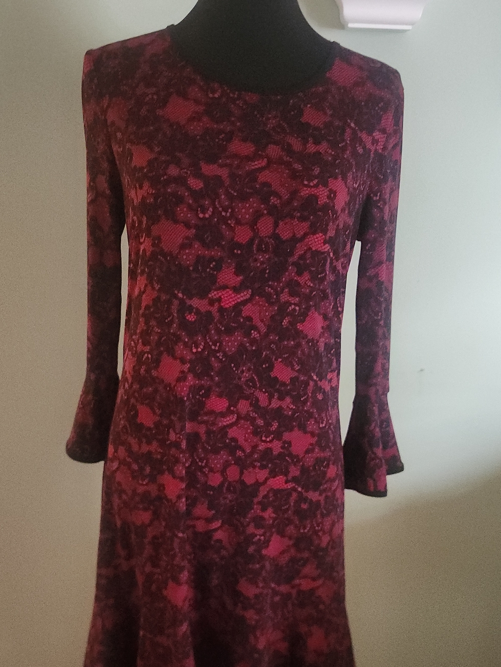 Michael Kors Burgundy and Black Long-Sleeve Floral A-Line Dress
